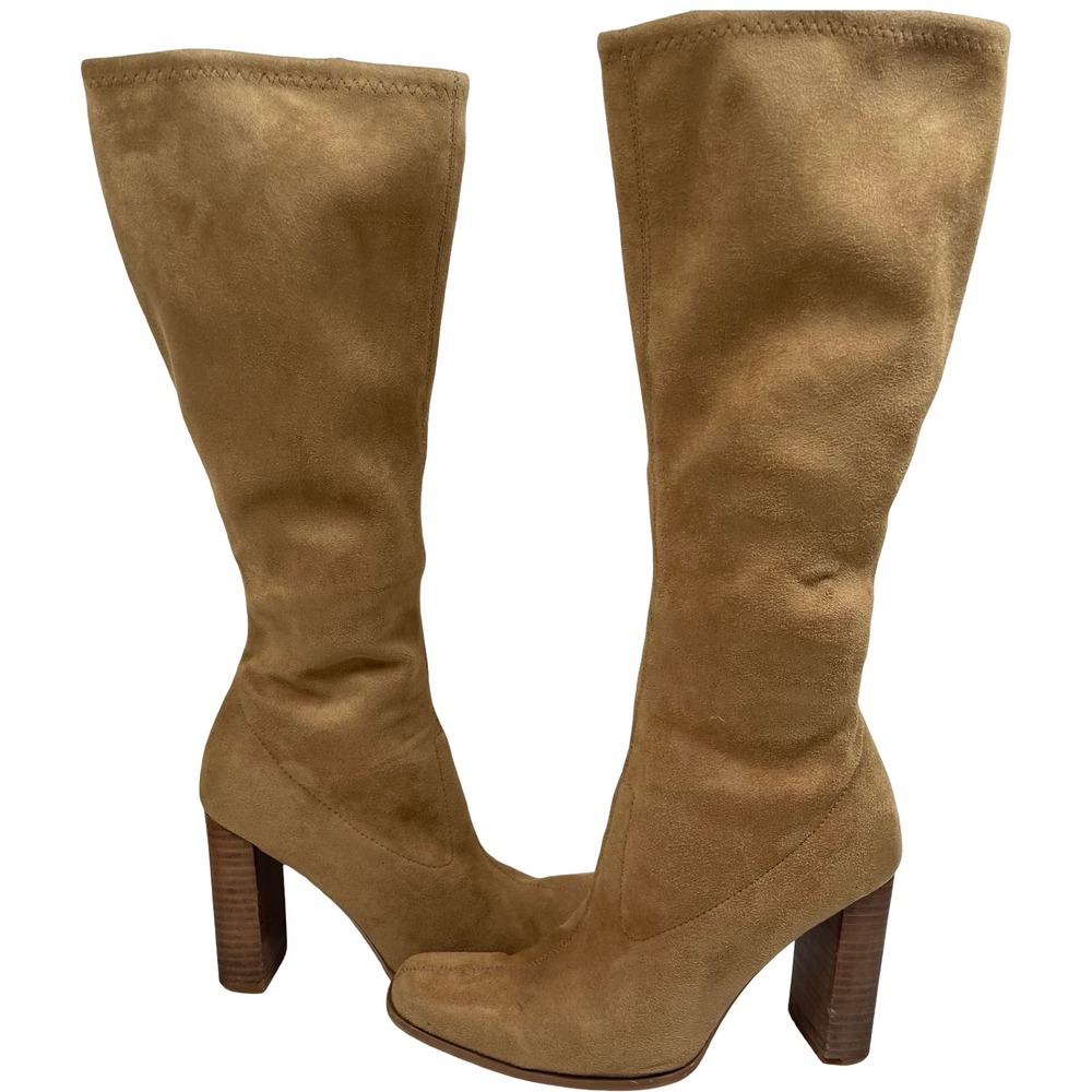 Vintage Candies Knee High‎ Boots Women 6.5 Tan Faux Suede Block Heel Zip Up Y2K